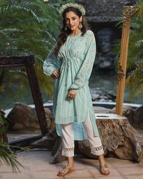 women floral print high-low hem kurti