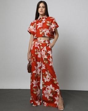 women floral print high-rise wide-leg pants