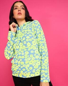 women floral print hoodie with kangaroo pocket