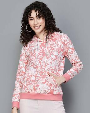 women floral print hoodie with slip pockets