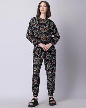 women floral print jacket & jogger pants set