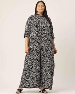 women floral print jumpsuit with band-collar