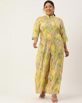 women floral print jumpsuit with band-collar