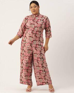 women floral print jumpsuit with band-collar