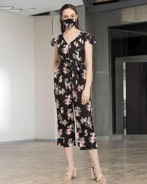 women floral print jumpsuit with cap sleeves