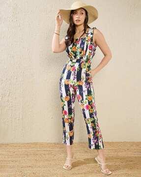 women floral print jumpsuit with insert pockets