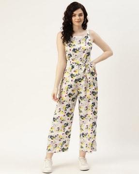 women floral print jumpsuit with waist tie-up