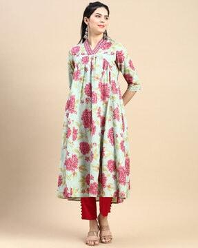 women floral print kurta with v-neck