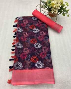 women floral print linen saree with tassels