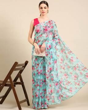 women floral print linen saree