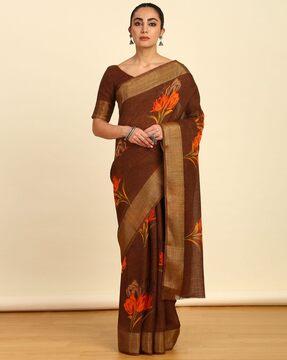 women floral print linen saree