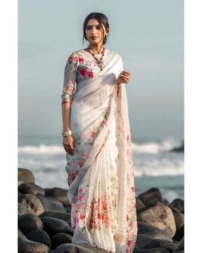 women floral print linen saree