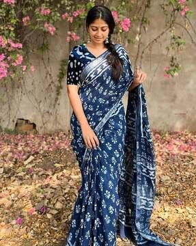 women floral print linen saree