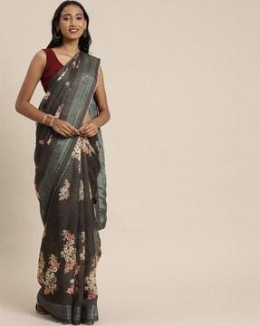 women floral print linen saree