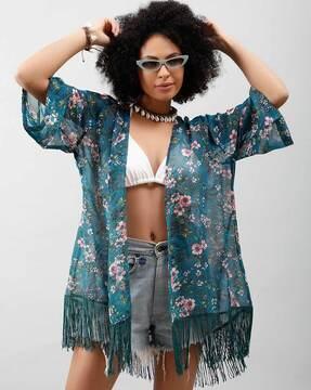 women floral print loose fit front-open kimono shrug