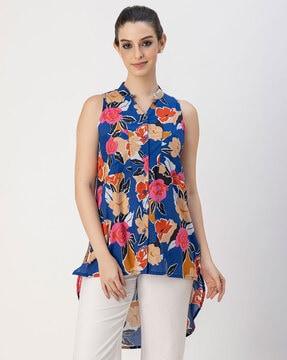 women floral print loose fit top with patch pockets