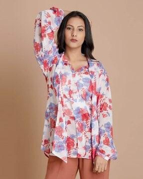 women floral print loose fit top with tie-up