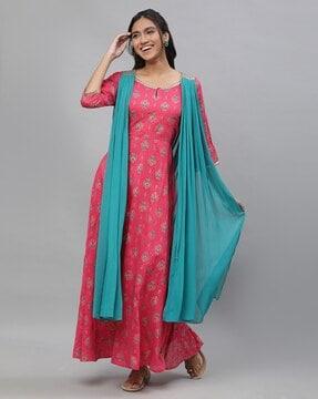 women floral print maxi dress with attached dupatta