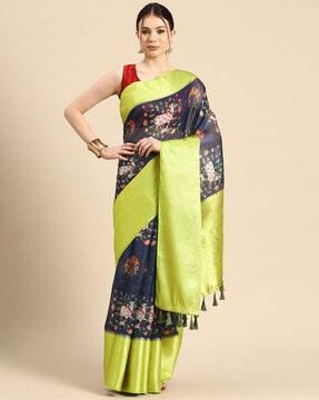 women floral print muga silk saree with tassels
