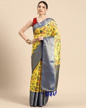 women floral print muga silk saree with zari border