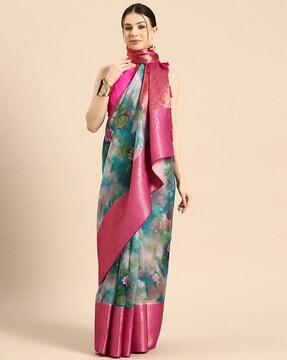 women floral print muga silk saree with zari border