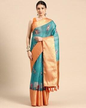 women floral print muga silk saree with zari border