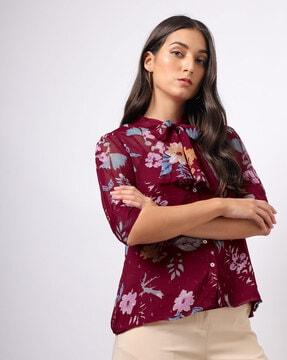 women floral print neck tie-up elbow-length sleeve blouse