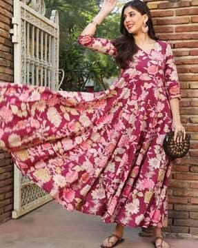 women floral print no darts angrakha kurta