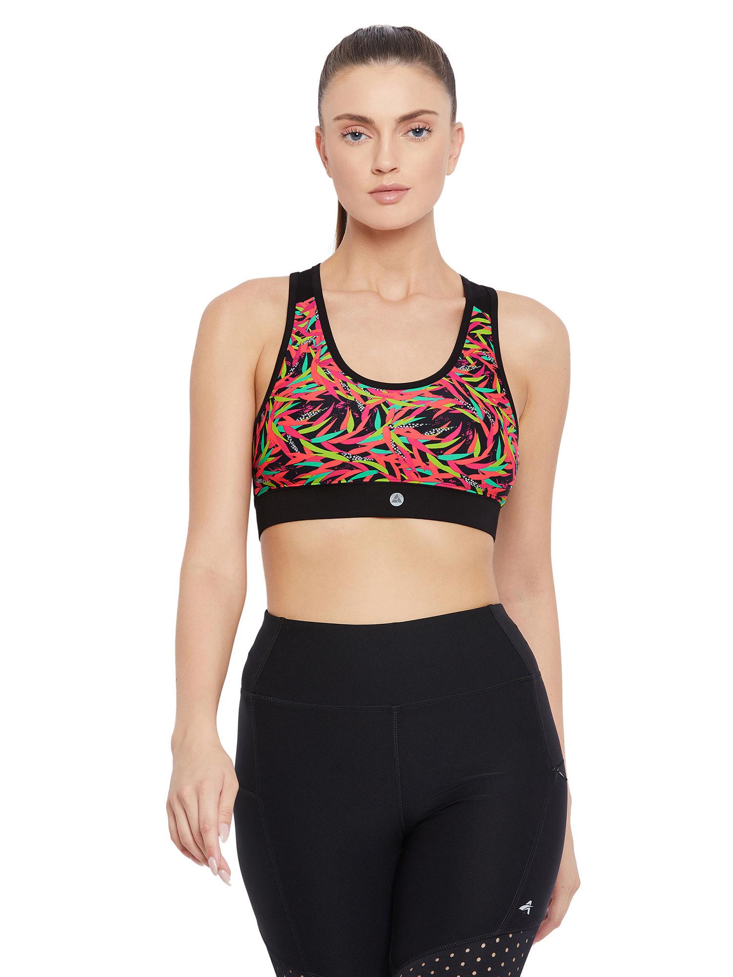 women floral print non-wired lightly padded sports bra - multi-color