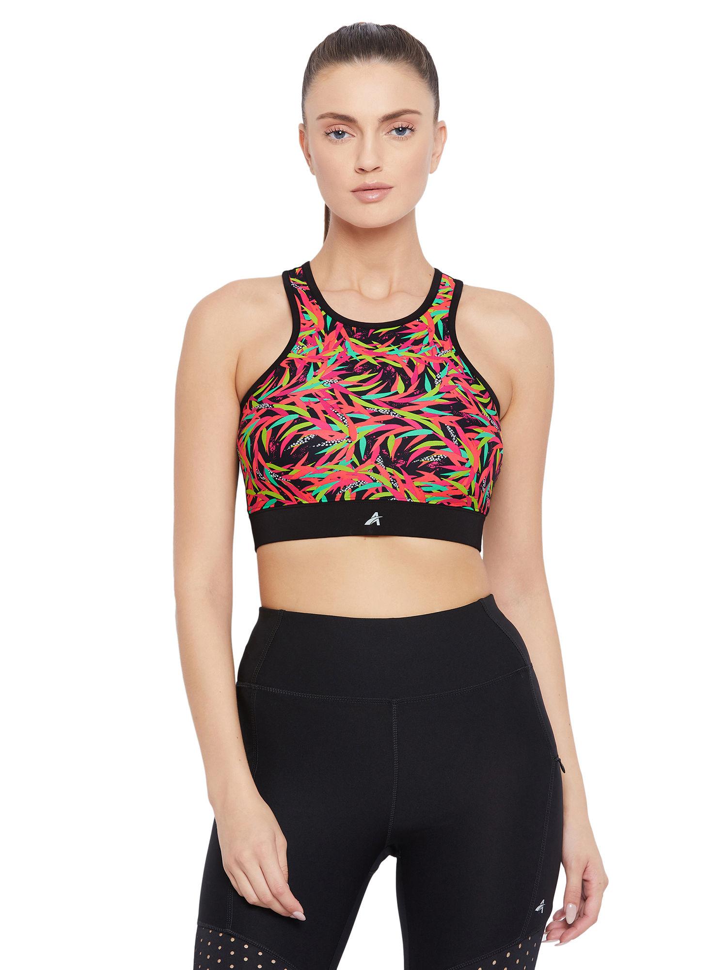 women floral print non-wired lightly padded sports bra - multi-color