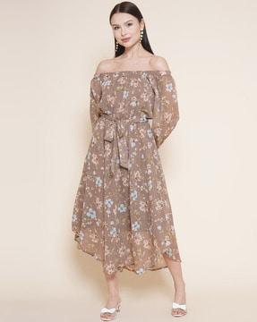 women floral print off-shoulder fit & flare dress