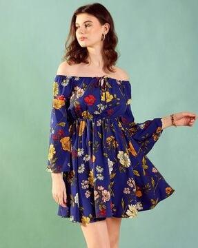 women floral print off-shoulder fit & flare dress