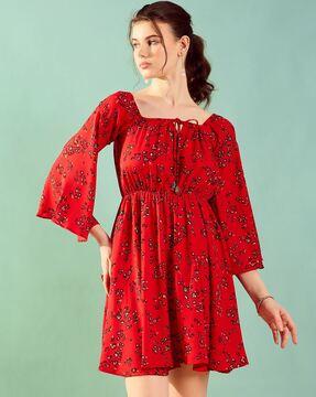 women floral print off-shoulder fit & flare dress