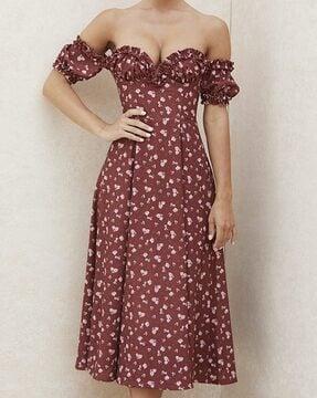 women floral print off-shoulder sleeves maxi fit & flare dress