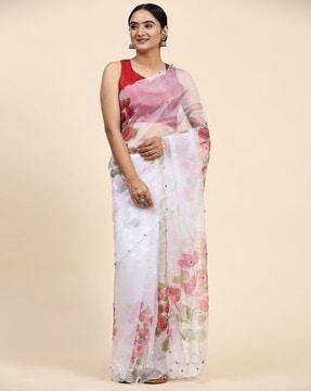 women floral print organza saree with embellishment