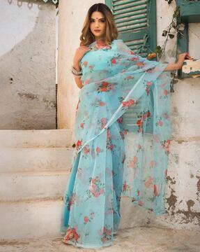 women floral print organza saree