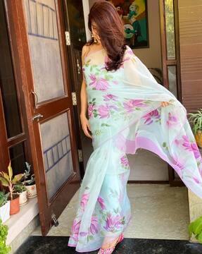 women floral print organza saree