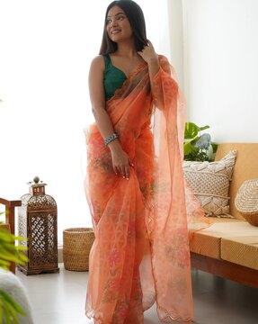 women floral print organza saree