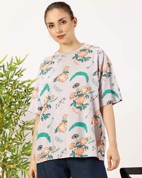 women floral print oversized fit crew-neck t-shirt