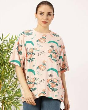 women floral print oversized fit crew-neck t-shirt