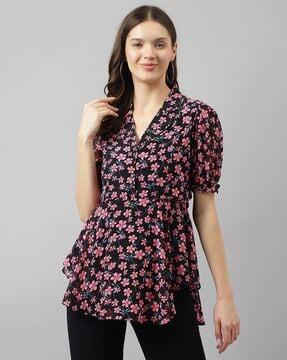 women floral print peplum top with puff sleeves