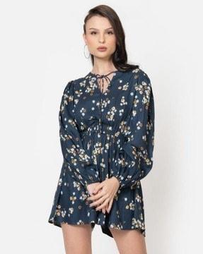 women floral print playsuit with neck tie-up