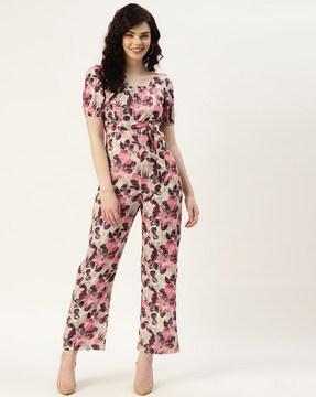 women floral print playsuit with waist tie-up