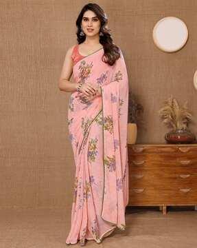 women floral print pre-stitched saree with blouse piece