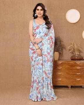 women floral print pre-stitched saree with blouse piece