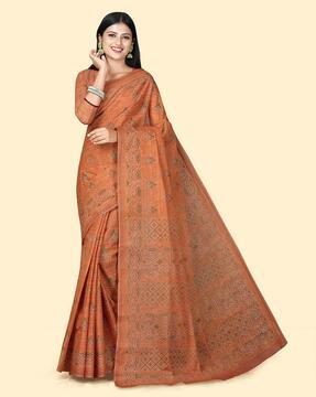 women floral print pure cotton saree with blouse piece