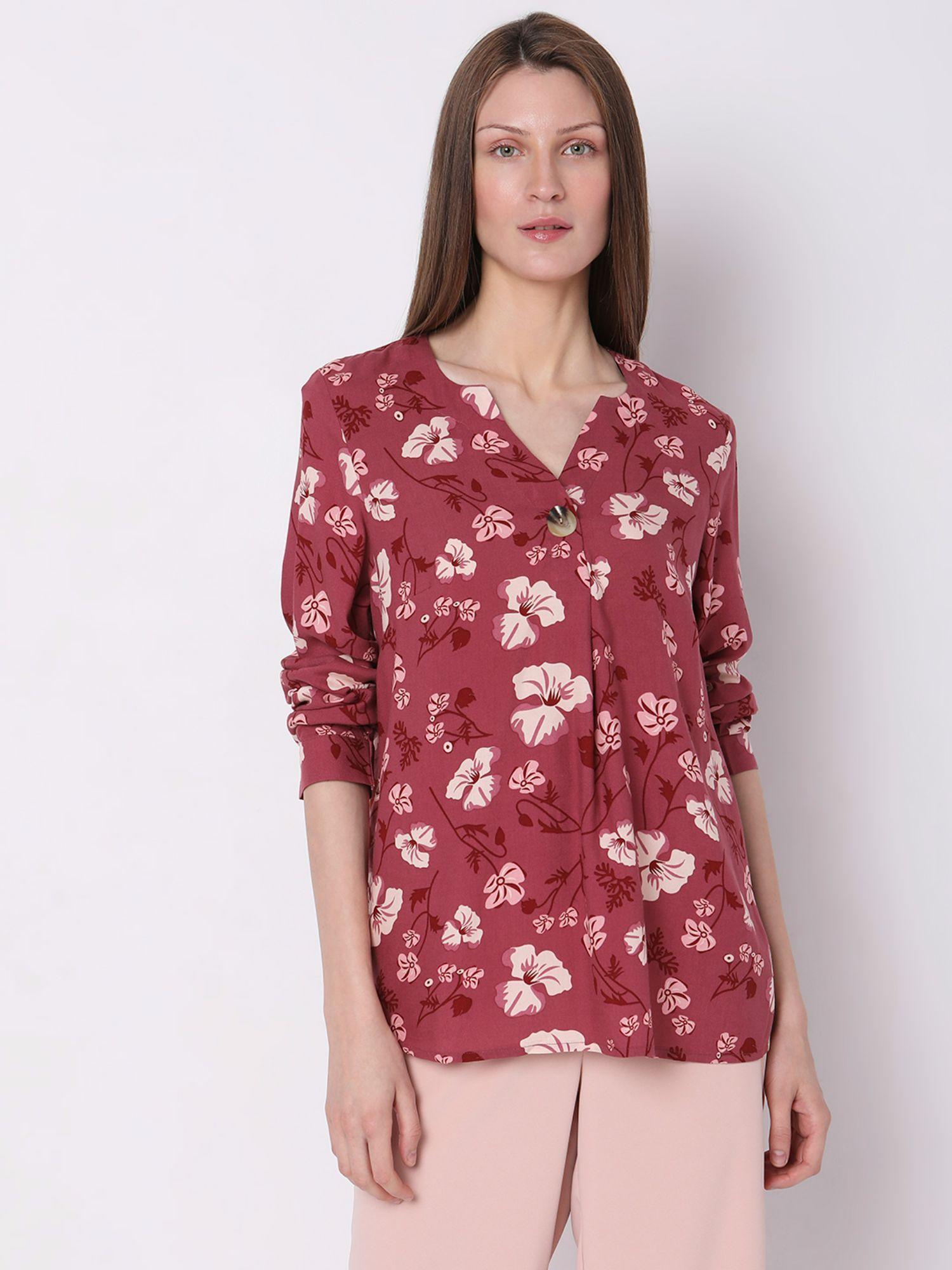 women floral print red top