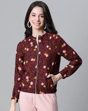 women floral print regular fit bomber jacket