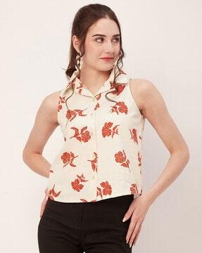 women floral print regular fit button-front top