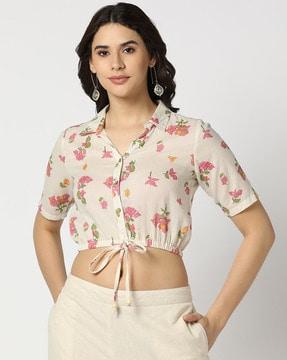 women floral print regular fit crop shirt